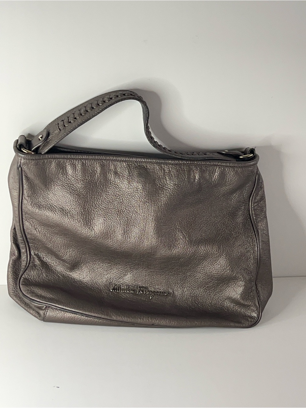 Salvatore Ferragamo Pewter Leather Shoulder Bag
